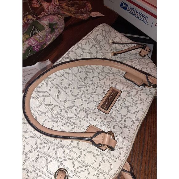 Calvin Klein Logo Tan Ivory Medium Top Handle Satchel Purse Handbag Bag - Picture 10 of 10